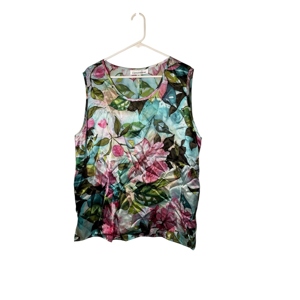 Caroline Rose Floral Tank Top Floral Satin 2X‎